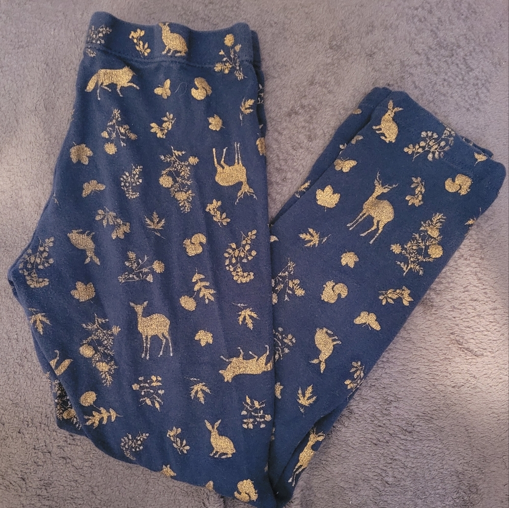 Sz 7/8 - Blue Leggings w/ Gold Woodland Animald